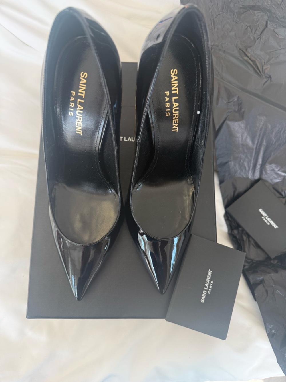 Saint Laurent Black Patent Opyum Stiletto Pumps with Gold YSL Heel - Picture 6 of 7